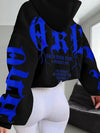 Women'S Stylish Black Hoodie with Vibrant Blue "Fear" Graphic Print - Casual Long Sleeve Pullover, Polyester Knit Fabric, Fall & Winter Essentials, Fall Winter Apparel | Bold Graphic Hoodie | Polyester Hoodie
