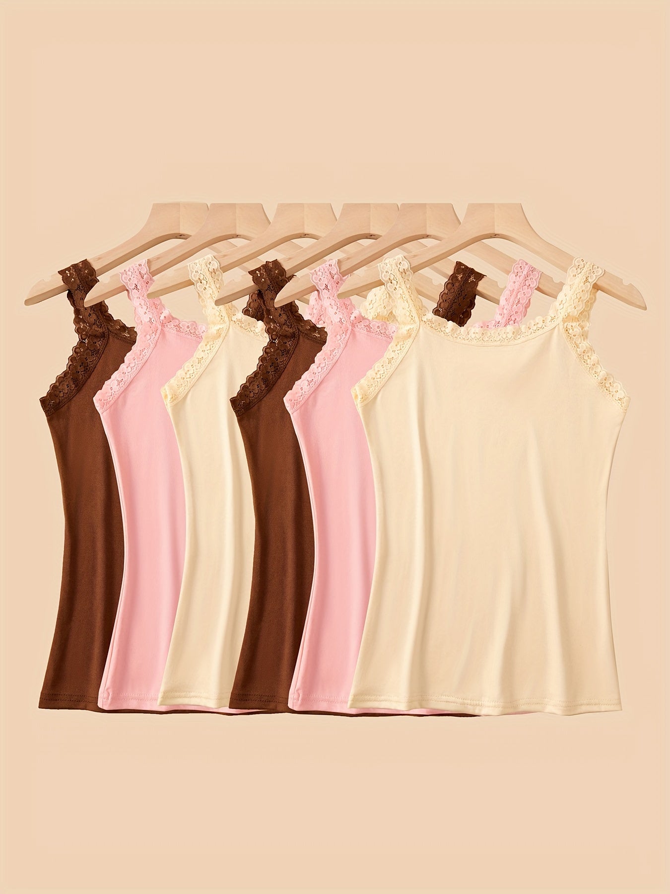 6pcs Autumn & Winter Thin Sleeveless Solid Lace Trim Vest, Versatile Crew Neck Vest Top, Women's Lingerie