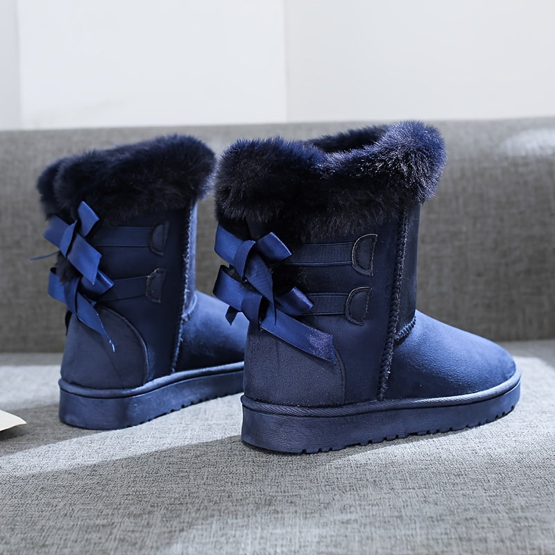 Women'S Mid-Calf Snow Boots with Faux Fur Trim, Round Toe, Non-Slip PVC Sole, Thick Warm Flannel Lined, Solid Color Winter Footwear