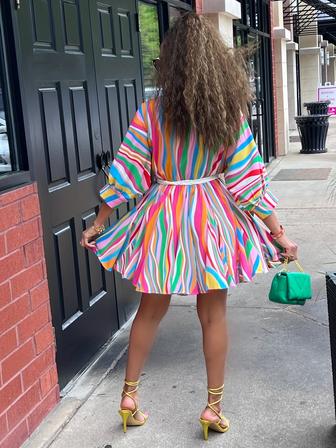 Colorful Striped V-Neck Dress with Belt - Casual A-Line, Long Sleeve, Machine Washable Polyester Blend - Vibrant Streetwear Style for Women