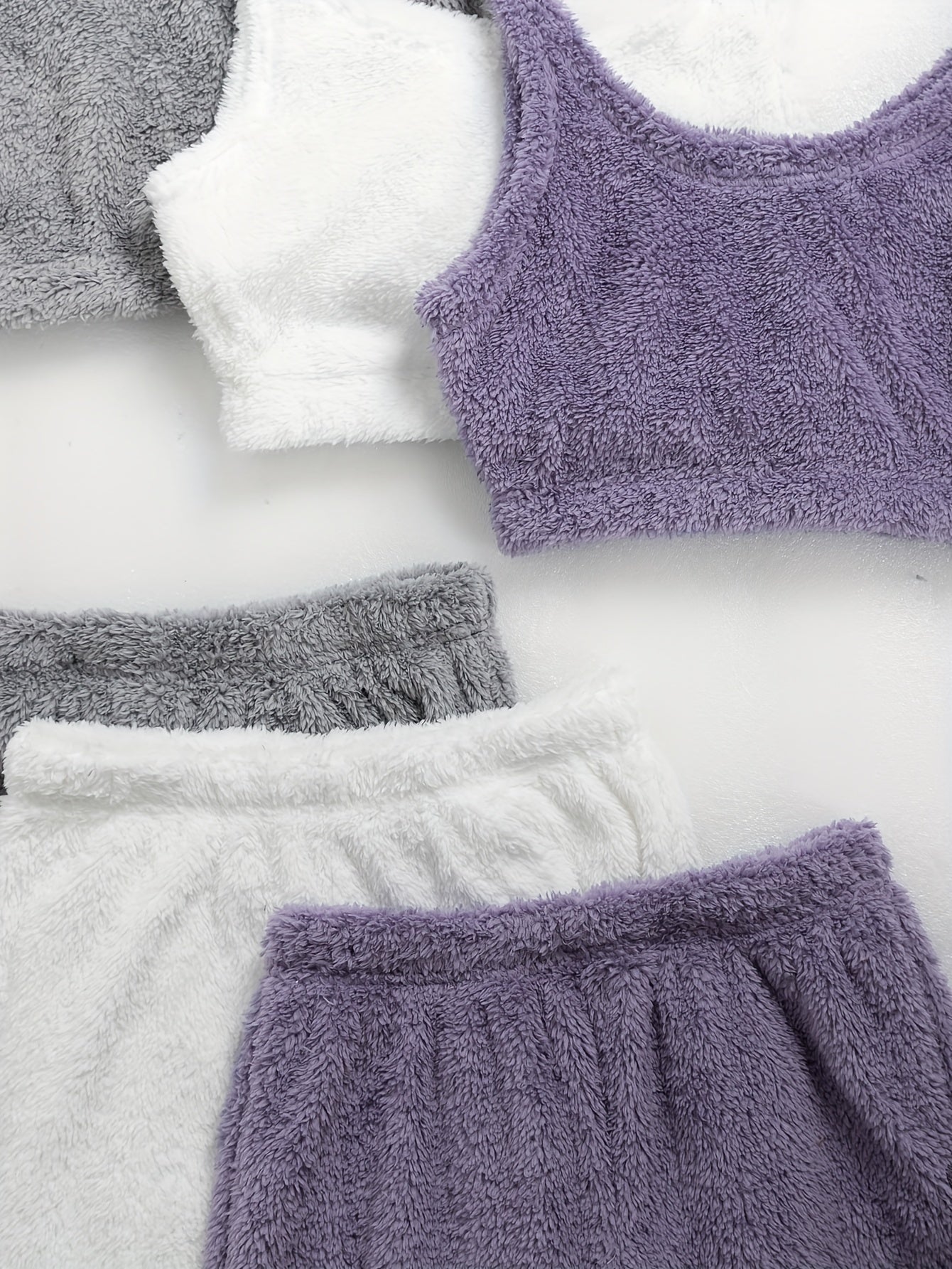 Women's Winter Plush Loungewear Set - 3 Pack Soft Crop Tank Tops And High-Waisted Jogger Pants