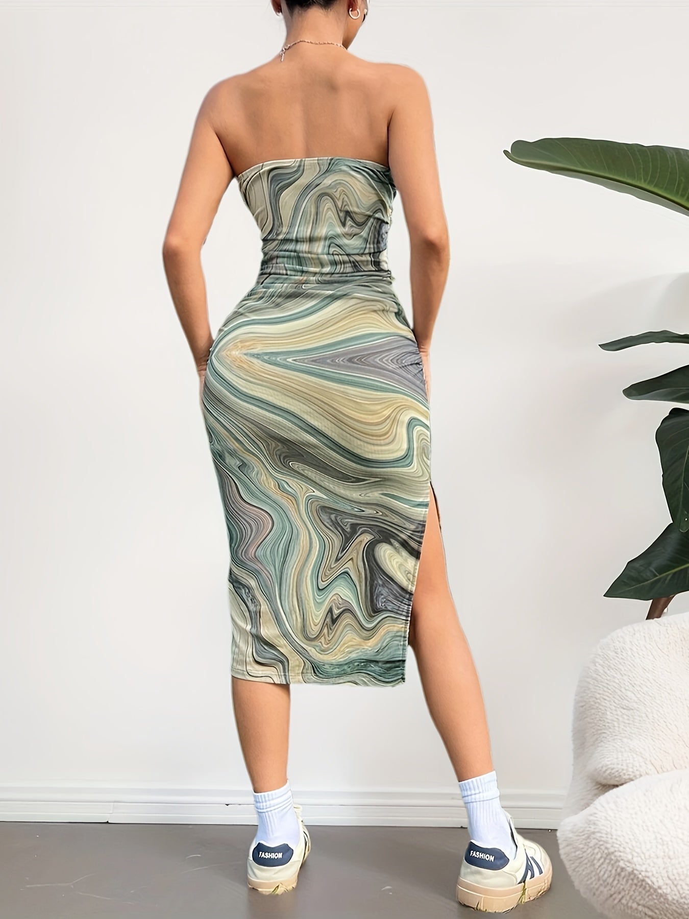 Women's Sexy Off-Shoulder Marble Print Midi Dress with High Side Slit - Stretchy, Knee-Length, Abstract Blue & Gray Pattern, Ruched Front, Summer Chic