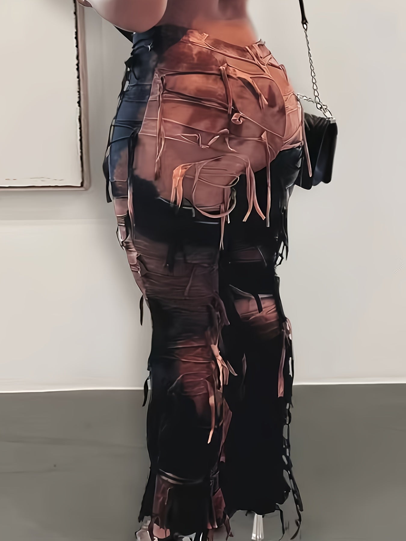 Sexy Tie-Dye Tassel Flare Leg Pants for Women, High Waist Slim Fit Knit Polyamide Spandex Blend, Elastic Waist All-Season Long Pants with Belt Loop, 250g/m² Fabric Weight