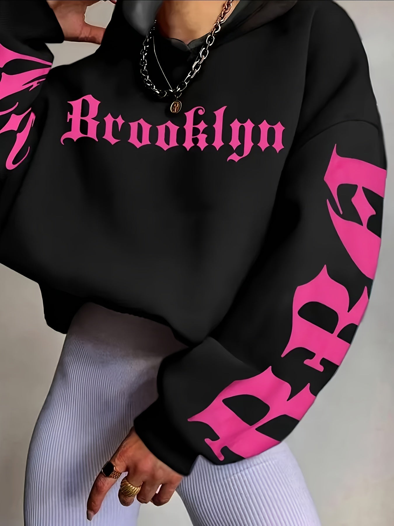 Women'S Stylish Black Hoodie with Vibrant Blue "Fear" Graphic Print - Casual Long Sleeve Pullover, Polyester Knit Fabric, Fall & Winter Essentials, Fall Winter Apparel | Bold Graphic Hoodie | Polyester Hoodie