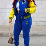 Two-piece Set, Button Front Varsity Jacket & Drawstring Jogger Pants Outfits, Letter Pattern Casual Women's Clothing