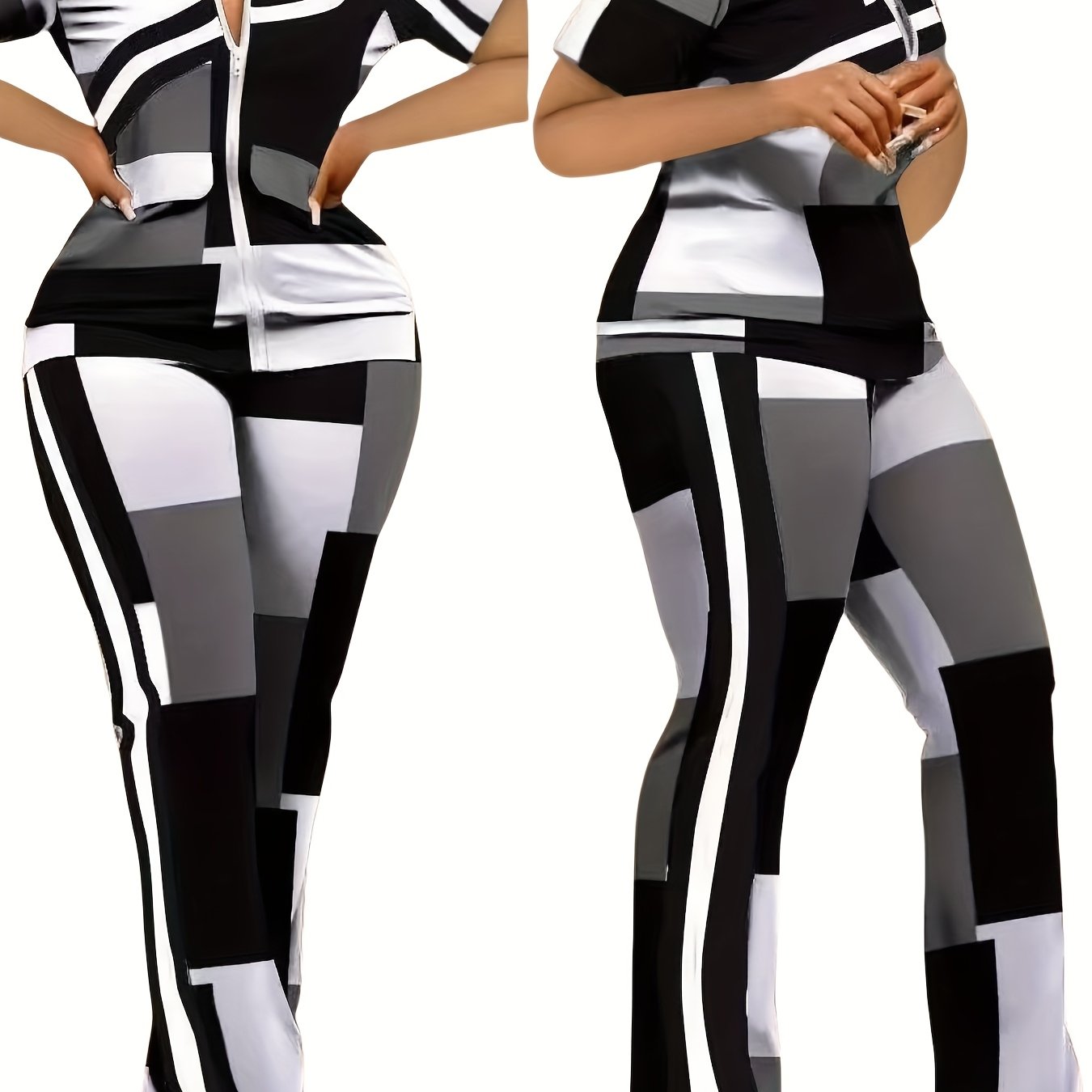 Chic Geo Print Casual Two-piece Tracksuit Set, Women Zip Up Long Sleeve Tops Jacket & Long Flare Pants Outfits, Geometric Plaid Patchwork Matching 2pcs Casual Sweatsuits, Color Block Zipper Jackets And Wide Leg Jogger, Women'