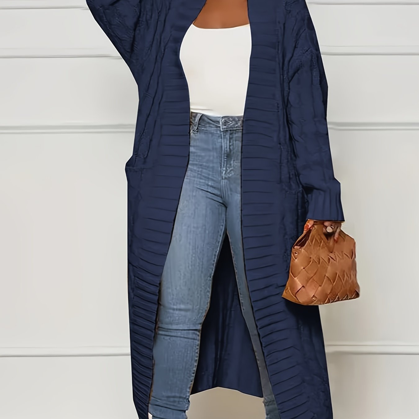 [Polyester Knit Cardigan] 100% Polyester Women's Casual Knit Cardigan - Solid Color Long Sleeve Open Front Sweater with Pockets - Versatile Knitwear for All Seasons