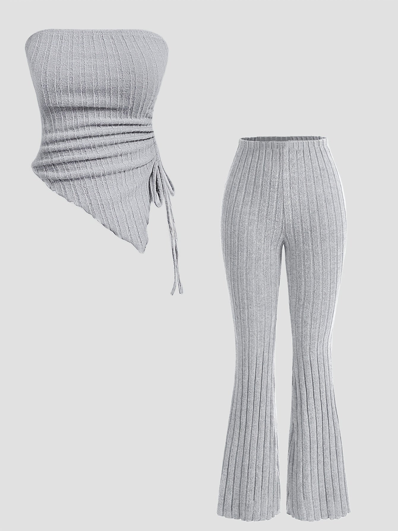 Ribbed Solid Color Casual Pantsuits, Strapless Backless Drawstring Asymmetrical Tube Top & Flare Leg Pants Outfits, Women's Clothing