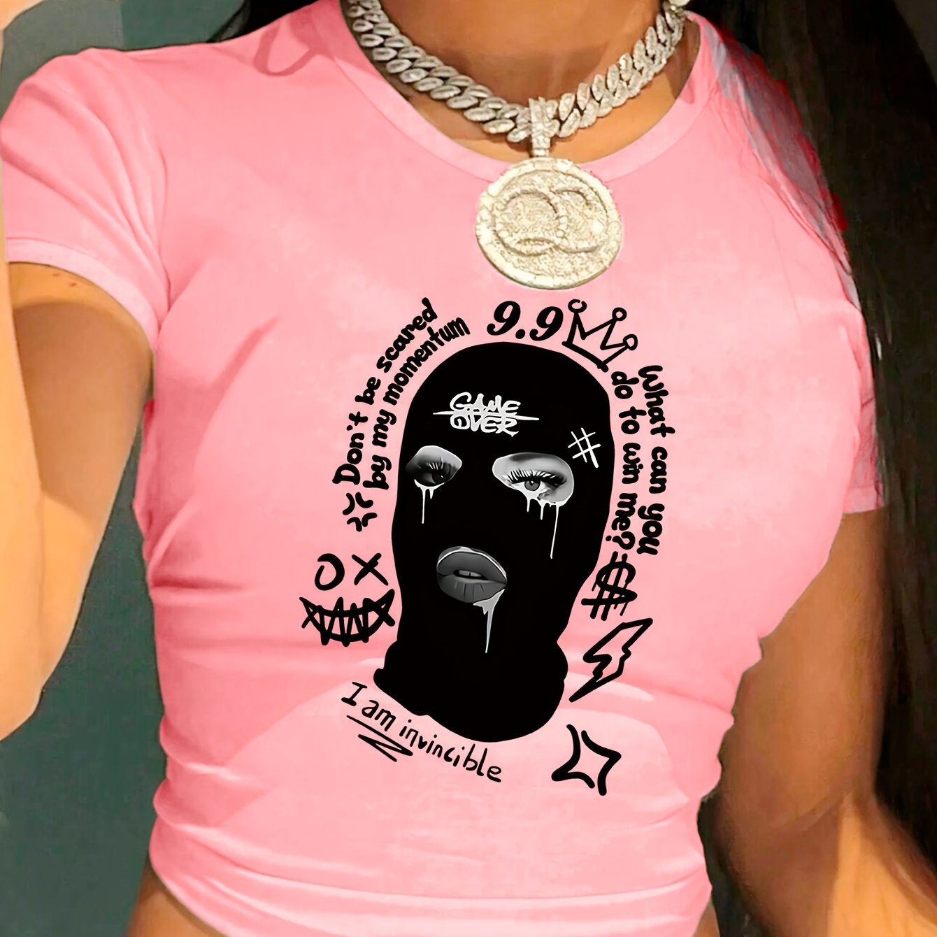 Women'S Y2K Graphic Crop Top T-Shirt - Black Short Sleeve with Unique Black and White Print, Casual Spring/Summer/Fall Wear, Crop Top Blouse