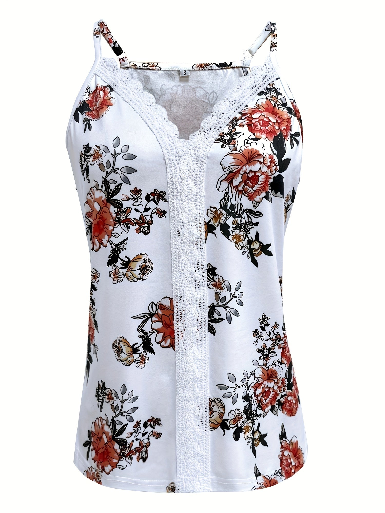 Women's Floral Print Lace Trim Sleeveless V-Neck Tank Top - Summer Casual Sexy Contrast Design, Breathable Machine-Washable Regular Fit for Beach Outings & Casual Wear, Ladies Tank Tops, Delicate Fabric Detail