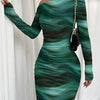 Elegant Asymmetrical Neck Tie-Dye Long Sleeve Bodycon Dress - Green & Black Marble Pattern, Skinny Fit, Perfect for Adult Women, Stylish Evening Attire|Asymmetrical Neckline|Tie Dye Pattern