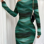 Elegant Asymmetrical Neck Tie-Dye Long Sleeve Bodycon Dress - Green & Black Marble Pattern, Skinny Fit, Perfect for Adult Women, Stylish Evening Attire|Asymmetrical Neckline|Tie Dye Pattern