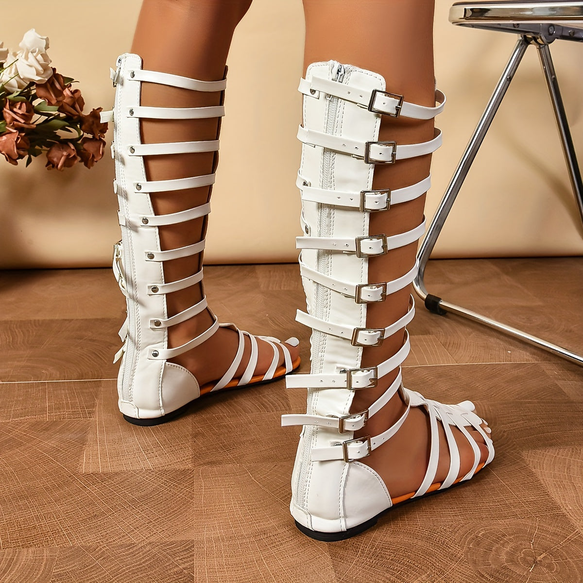 Women's Stylish Flat Sandals, Metallic Strappy Knee-High Flats, Buckle Closure Fashion Summer Shoes
