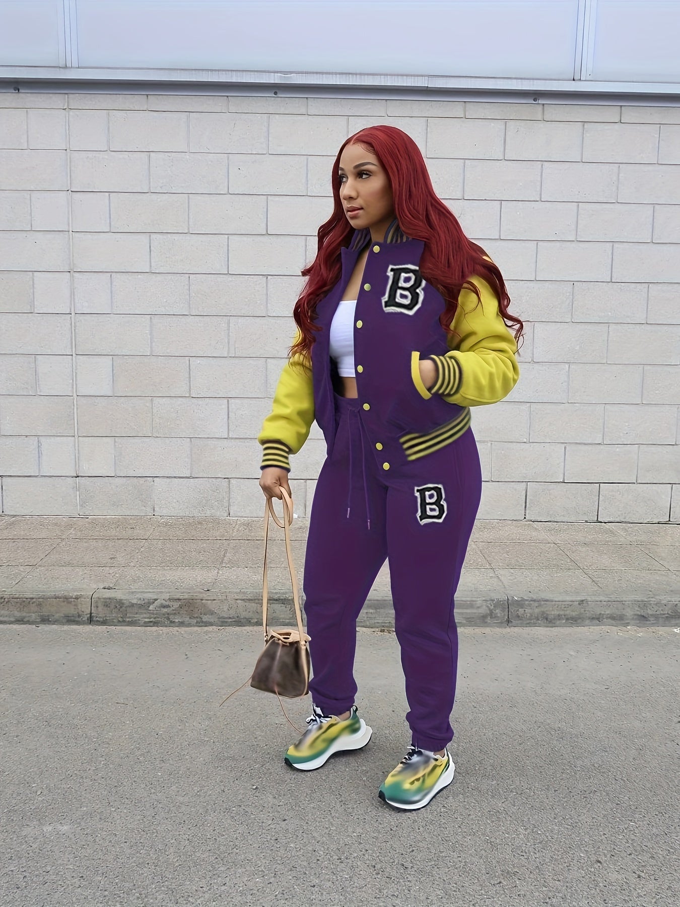 Two-piece Set, Button Front Varsity Jacket & Drawstring Jogger Pants Outfits, Letter Pattern Casual Women's Clothing