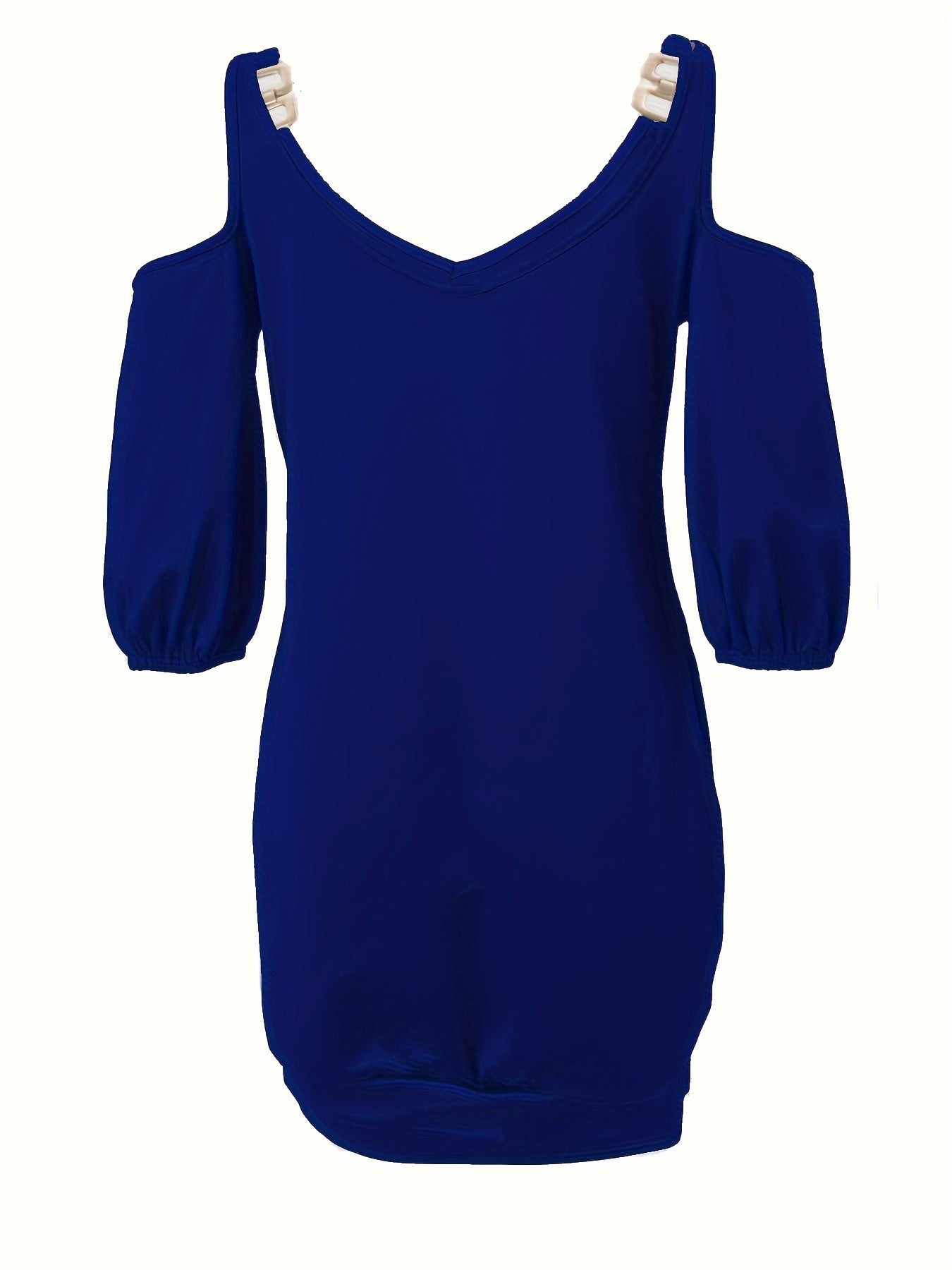 Plus Size Women's Casual Cold Shoulder Dress - V-Neck with Metal Chain Detail, Teal Blue, Sleeve, Relaxed Fit for Summer, Nontransparent Fabric