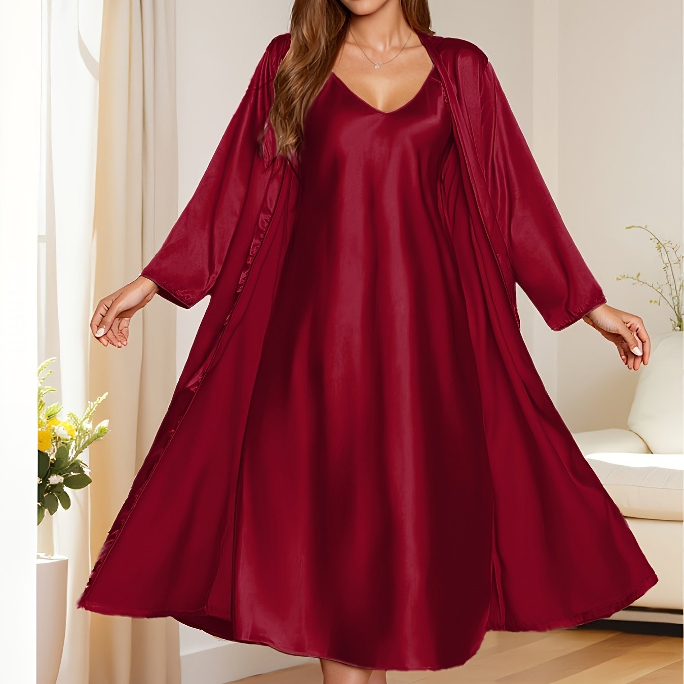 2pcs Women's Elegant V-Neck Satin Pajama Set - Smooth Polyester Fabric, 90g/m², Micro Elasticity - Autumn & Winter Comfortable Home Leisure Wear | Soft & Comfortable | Lace Up Detail