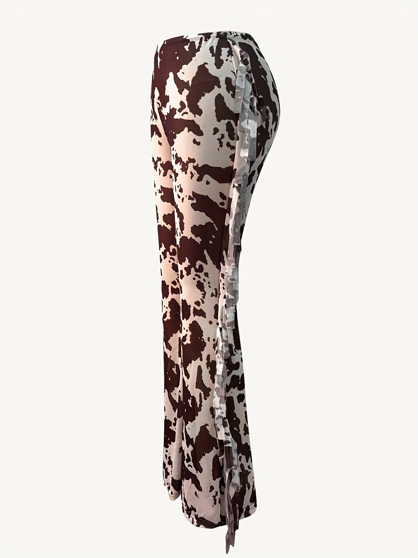 Women's High-Waisted Brown & White Tie-Dye Flare Pants - Slim Fit, Stretchy Casual Bell Bottoms with Fringe Detail, Machine Washable, All-Season Style, Versatile Fashion | Medium Elasticity, Cute Pants
