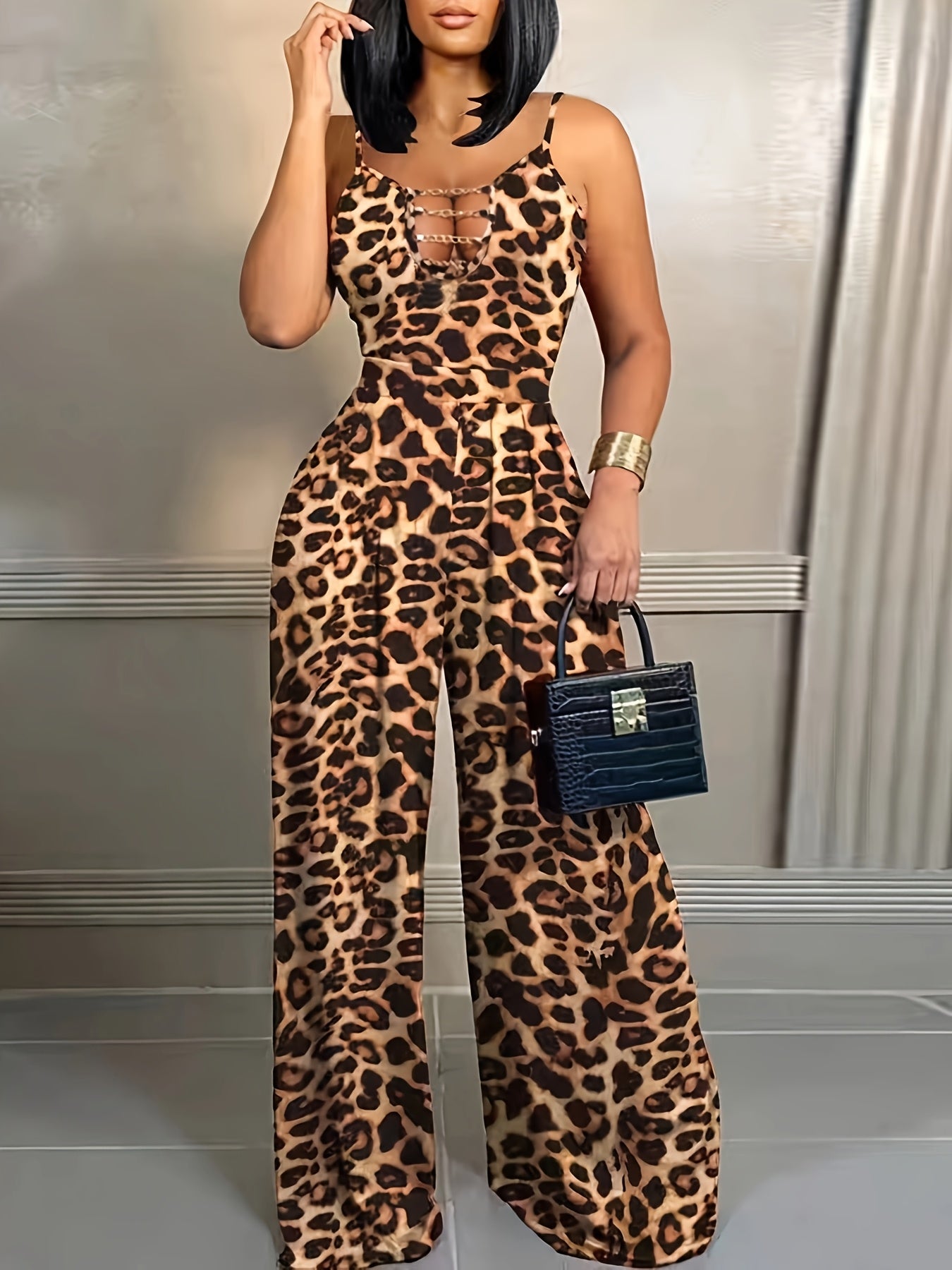 Women'S Elegant Leopard Print Strapless Jumpsuit - Polyester, Knit Fabric, All-Season Versatile, Perfect for Adult Fashion, Stylish Accessories | Modern Fashion Jumpsuit | Knit Construction