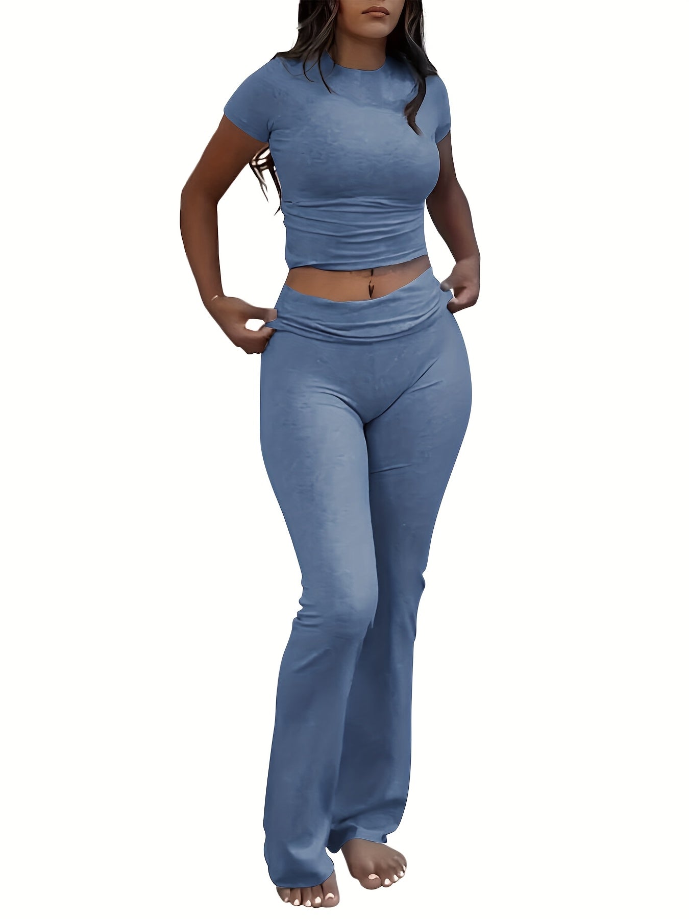 Women's Casual Slim Fit Two-Piece Pants Set – Short Sleeve Crew Neck T-Shirt & High Stretch Flared Leg Sport Pants Outfit