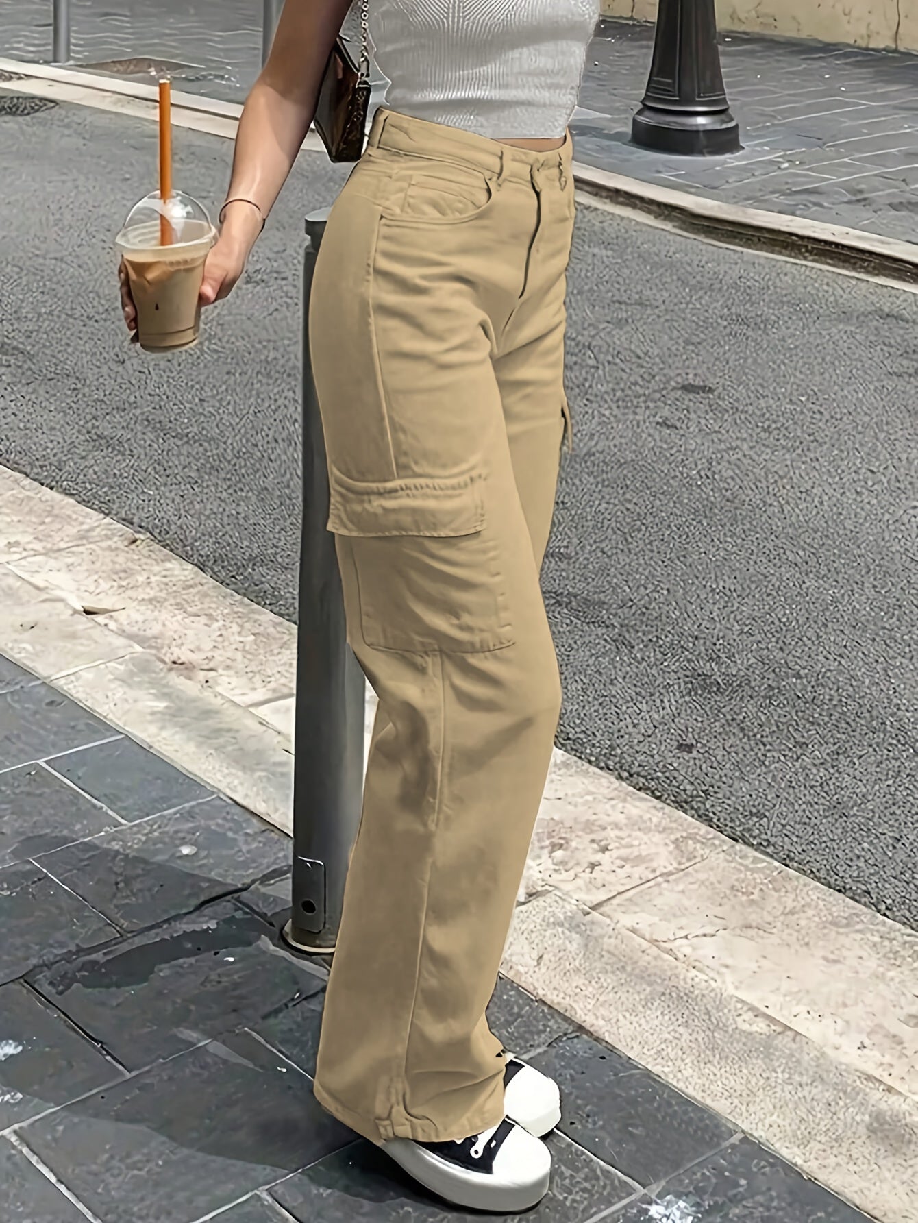 Women'S Casual Solid Cargo Pants, Polyester High Waist Wide Leg Pants with Pocket, All-Season Woven Fabric, 150g/㎡ Weight