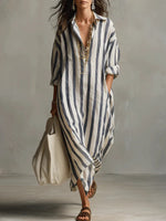 Loose V-neck Long Striped Shirt Dress