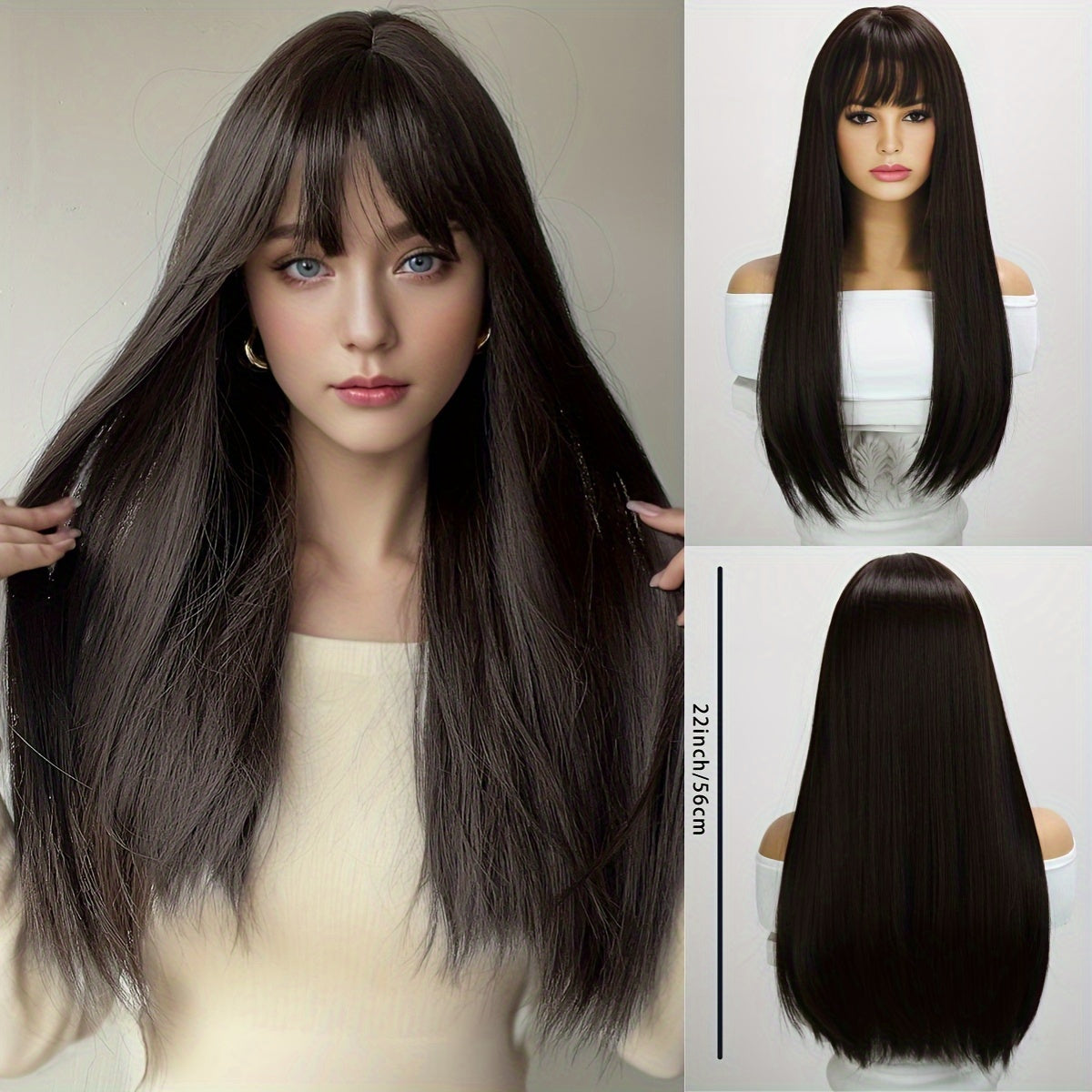 Long Natural Straight Dark Brown Wig, Blunt Bangs, Synthetic Fibers, Perfect For Daily Wear, Rose Net, 24 Inch