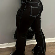 Women'S High-Waist Slimming Cargo Pants with Fashionable Chest Line Detail - Black, Casual Style for All Seasons