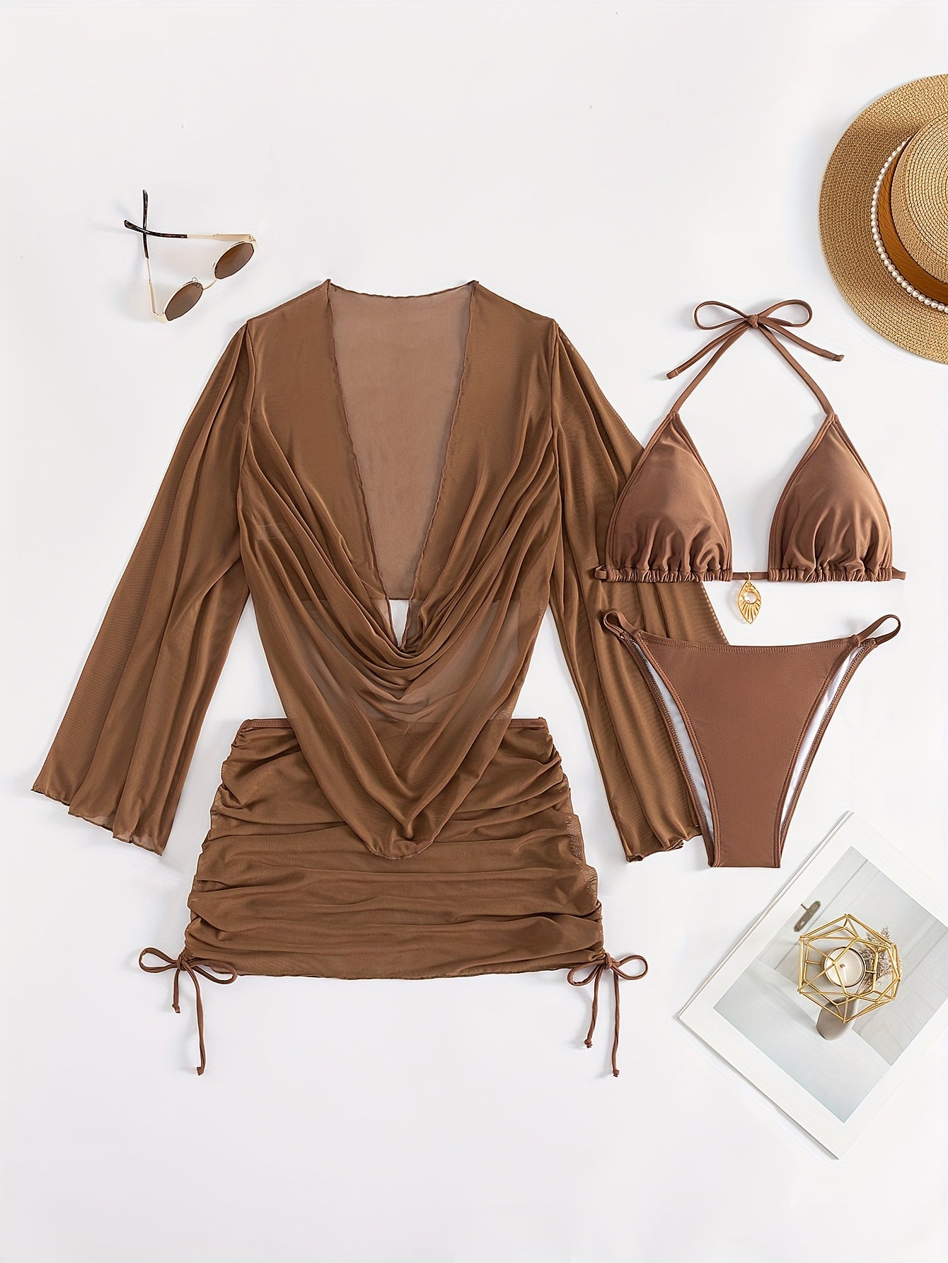 [Sexy Bikini Set] Stylish Sexy Four-Piece Bikini Set with Sheer Cover-Up, European and American