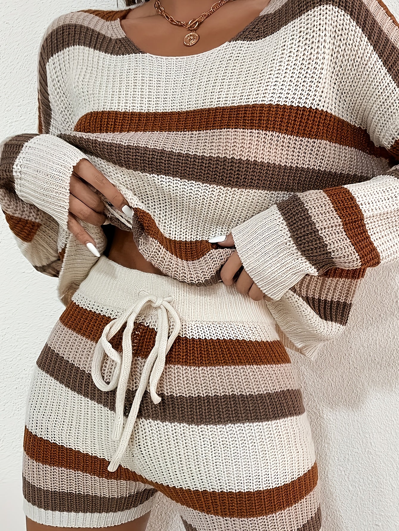 Casual Colorblock Two-piece Set - Drawstring Drop Shoulder Knitted Long Sleeve Crew Neck Pullover Top & Shorts Outfits - Women's Clothing