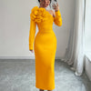 Elegant Off-Shoulder 3D Floral Bodycon Maxi Dress for Women - Ruched Waist, Long Sleeve, Solid Color Yellow, Polyester Blend, Machine Washable, All-Season Wear