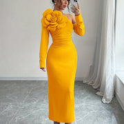 Elegant Off-Shoulder 3D Floral Bodycon Maxi Dress for Women - Ruched Waist, Long Sleeve, Solid Color Yellow, Polyester Blend, Machine Washable, All-Season Wear