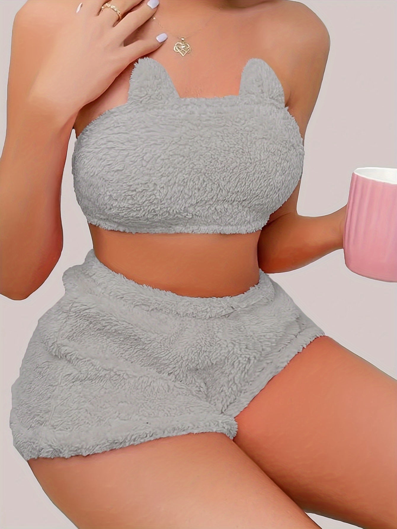 Plush Lounge Set - Sexy Solid Tube Crop Top & Elastic Shorts - Women's Fall & Winter Loungewear