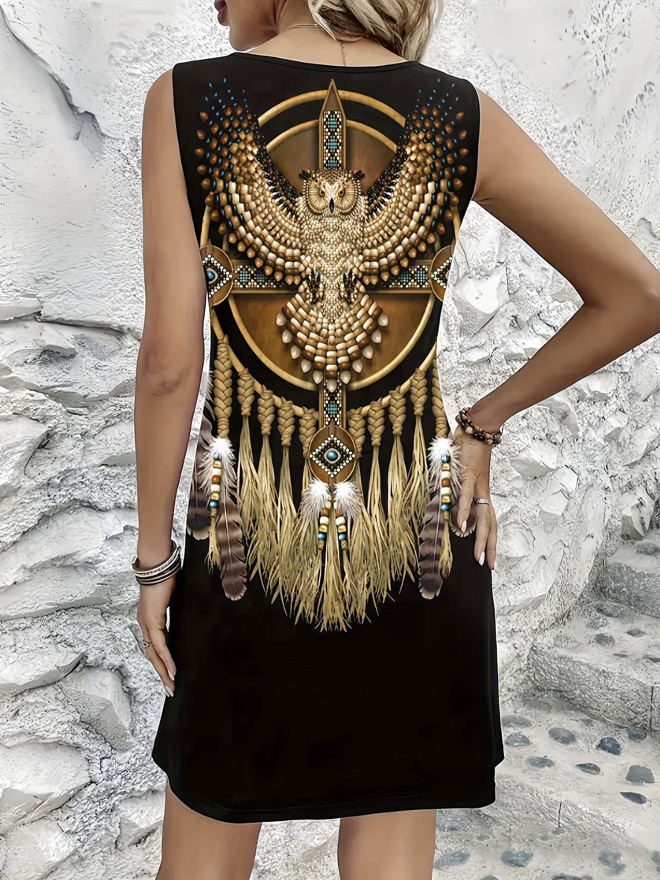 Bohemian Midi Dress for Women, Colorful Print with Dreamcatcher and Ring Accents, Sleeveless Crew Neck, Polyester Knit Fabric, Regular Fit, Spring/Summer/Fall Collection