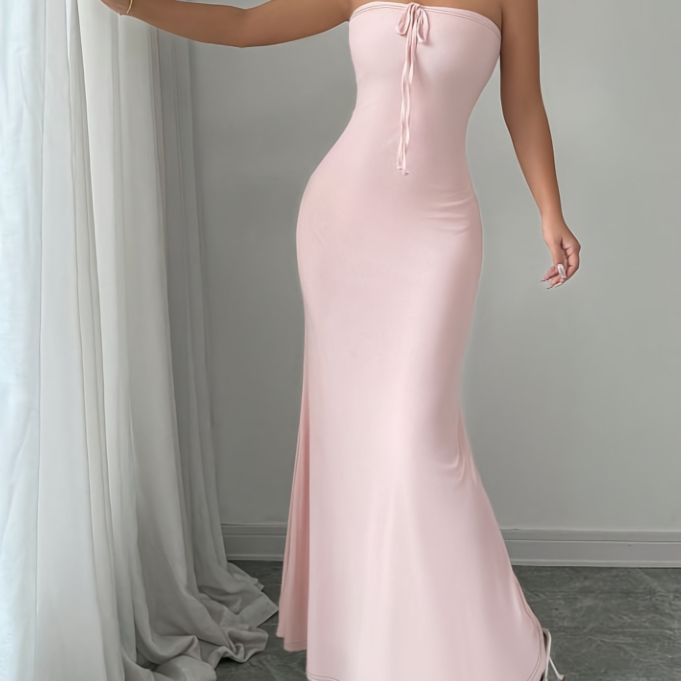 Elegant Pink Strapless Mermaid Maxi Dress - Sheer Fishtail Design, Off-Shoulder Style, Form-Fitting Polyester Fabric, Perfect for Spring/Summer Events, Spring Fashion|Offshoulder Gown|Smooth Lustrous Finish