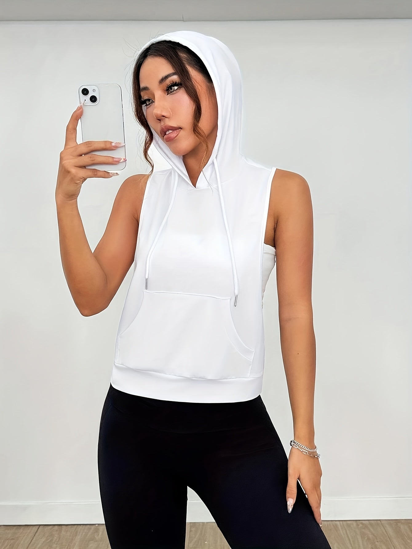 Women's 2pcs Sleeveless Hooded Tank Tops - Stretchy Polyester Activewear, White & Black, Casual Sporty Design, Machine Washable, Spring/Summer Collection