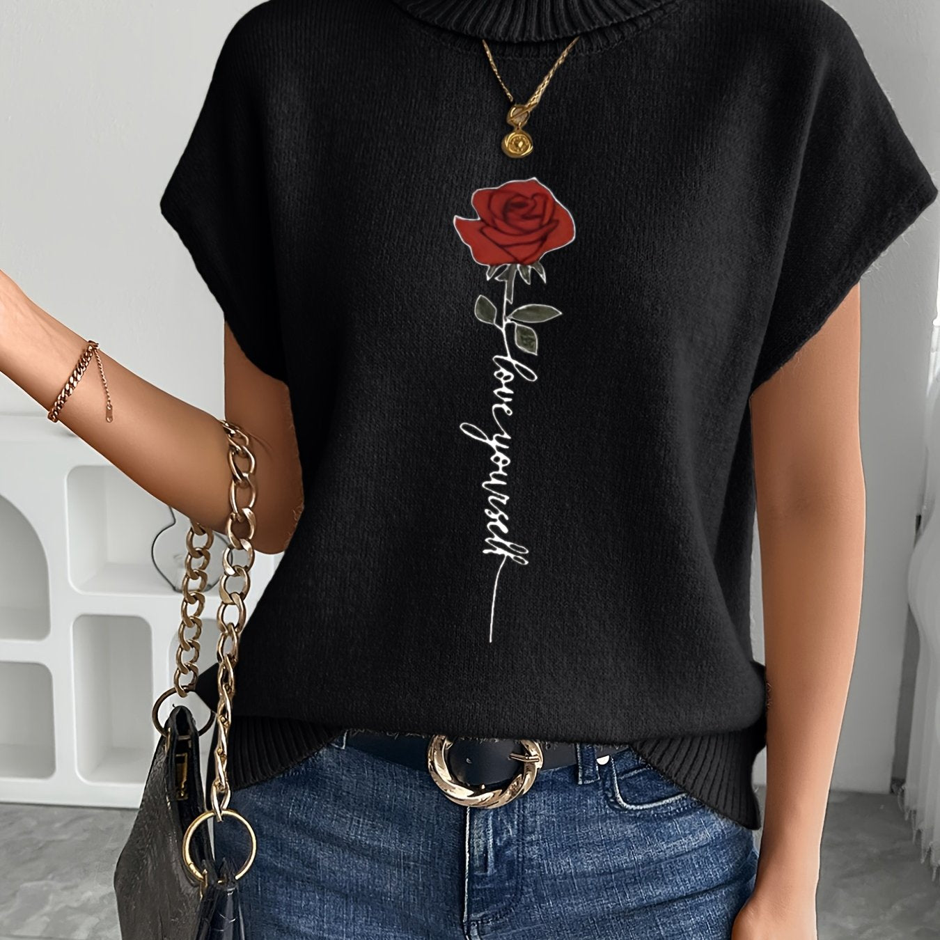 Women's Casual Rose Print Sleeveless Knit Vest - Elegant Beige Sweater with High Neckline and Stretchy Fabric, Perfect for Spring/Summer/Fall