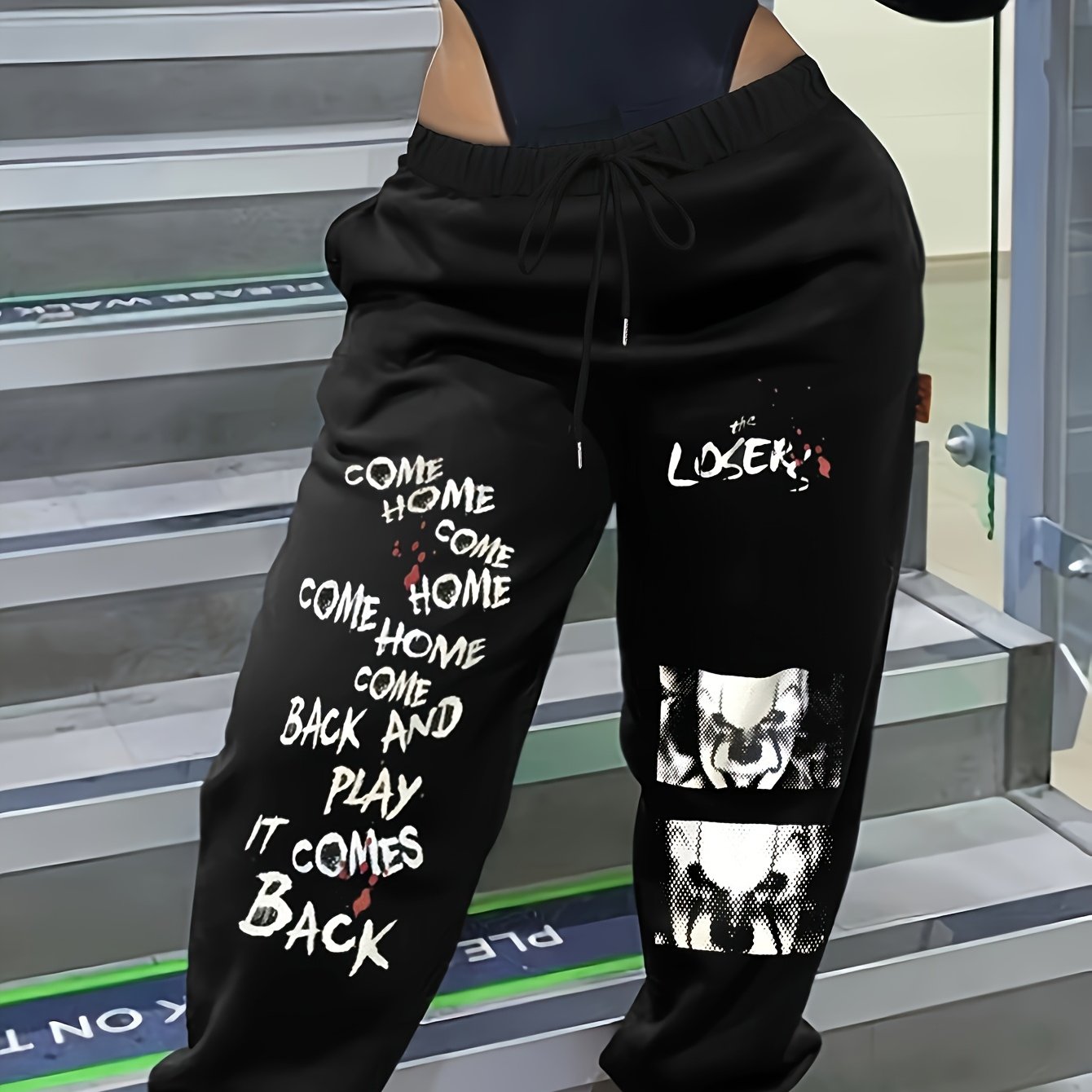 Women'S Casual Printed Sweatpants - Black with White Cartoon Face & Letter Design, Elastic Waistband with Drawstring, Lightweight Polyester for Spring/Fal