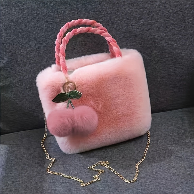 1pc Women's Preppy Synthetic Crossbody Bag With Detachable Chain Strap, Buckle Closure, Wristlet and Plush Cherry Pendant - Unlined, Edge Painted, Perfect for Gifts and Birthdays | Removable Strap | Dry Clean Only