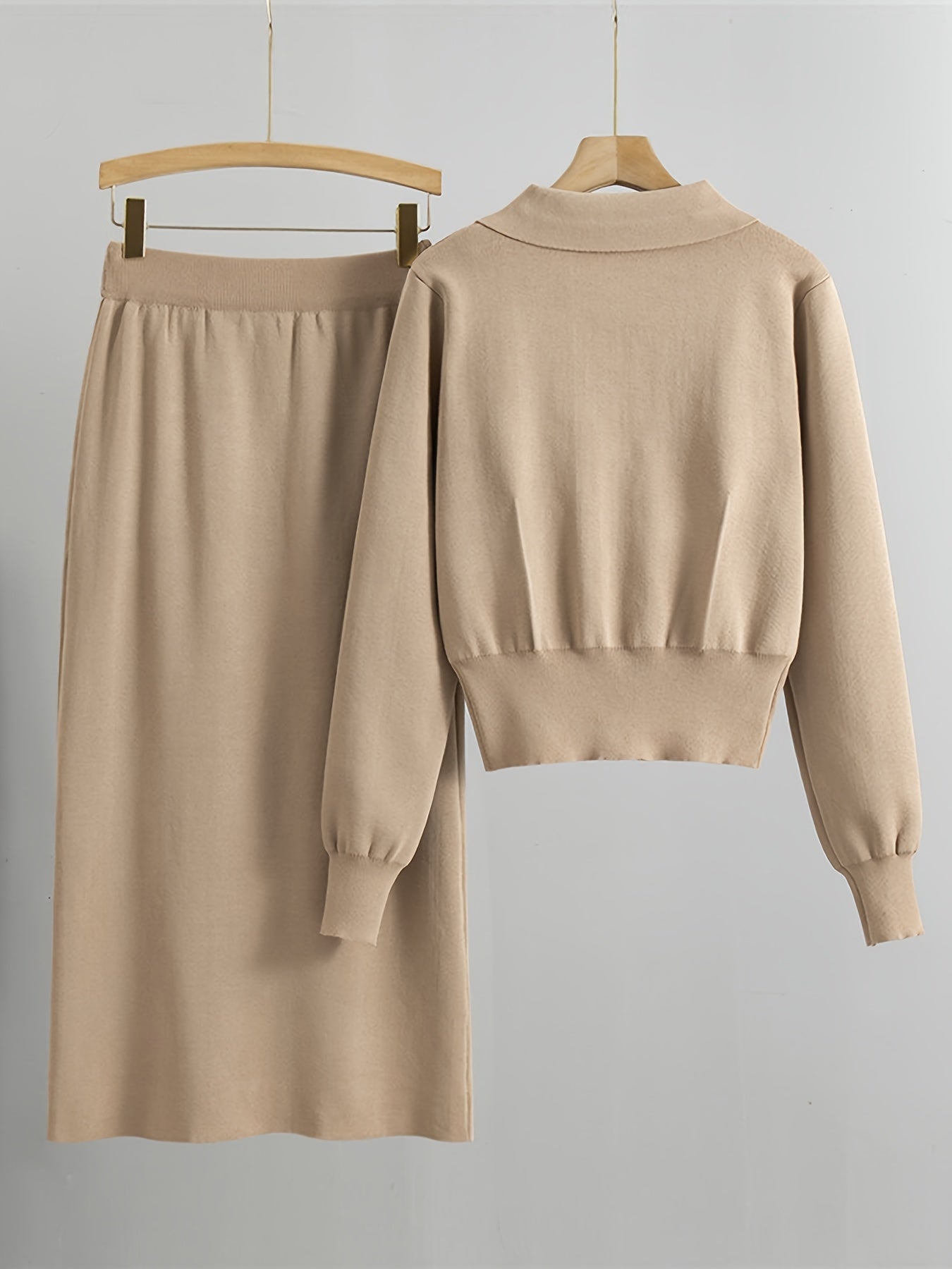 2pcs Women'S Viscose Blend Co-ord Set, Casual Lapel Collar Long Sleeve Knit Sweater and Skirt, Solid Color, Regular Fit, with Fake Button Details