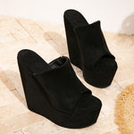 Women's Black Flannel Wedge Sandals, Sexy Strappy Bowknot Platform Heels, Open Toe Slip-On High Heels with Rubber Sole and Flannel Insole for Night Out, Versatile Wedding Season Footwear, Versatile Wedge Shoes | Chic Open Toe