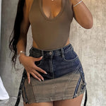 Women's High-Waist Gradient Denim Skirt, A-Line Zipper Hip Patchwork, Stretchy Blend, Asymmetrical Hem - Sexy & Casual Style for Spring/Summer, Jean Skirt