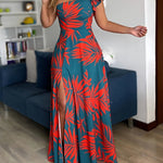 1pc Women'S Tropical Print Maxi Dress, One-Shoulder Ruffle Detail, Polyester A-Line Pendulum Style, Casual Spring/Summer/Fall Wear