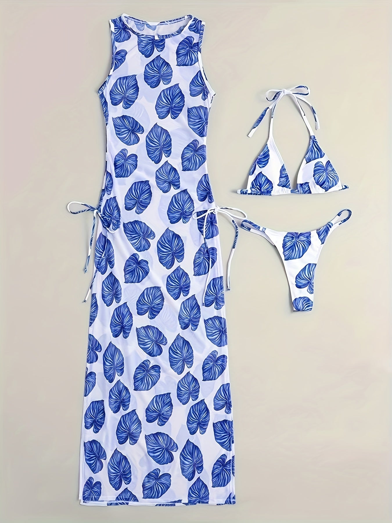 Blue Leaf Print Women's Bikini Three Piece Set, Adjustable Tie Top, Briefs, Sleeveless Blouse Dress, Women's Swimwear and Outfit