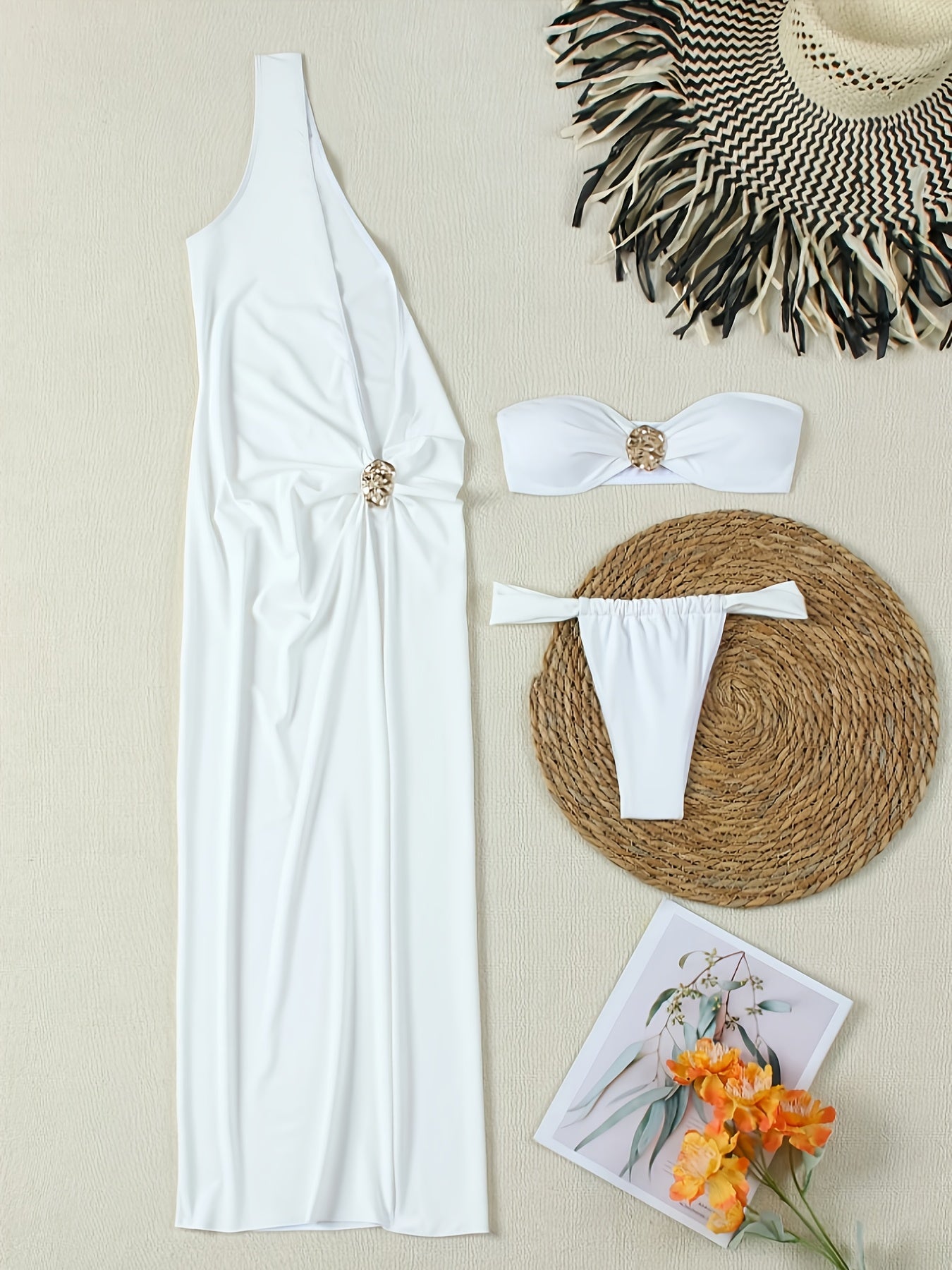 Sexy Solid Color Swimwear, Bandeau Top, One-Shoulder Dress, Three-Piece Bikini Set, Women's Swimsuit and Outfit