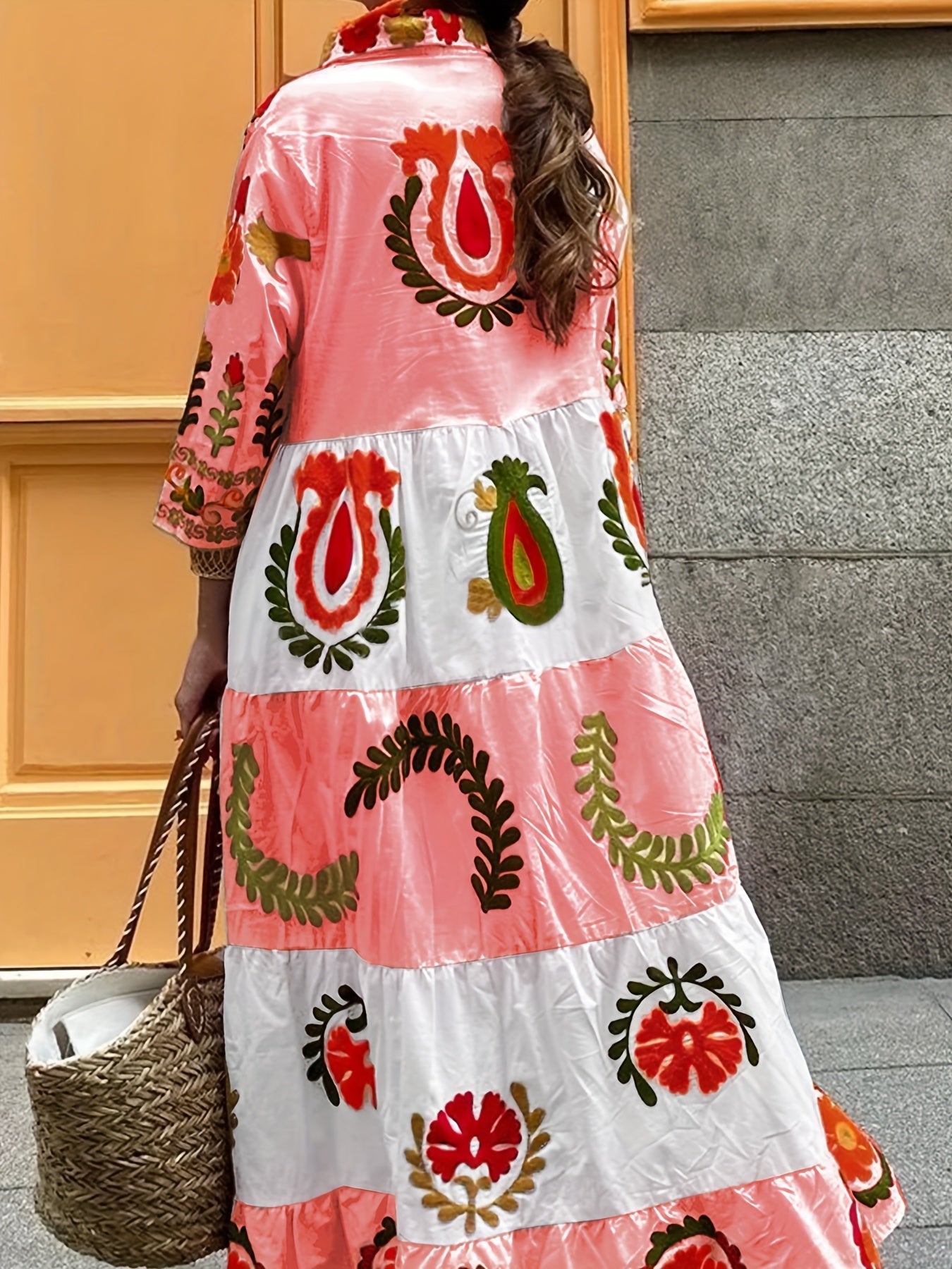 Women'S Elegant Floral Print Maxi Dress with Layered Ruffle Detail - Loose Fit, Long Sleeve, Button-Up Shirt Dress for Spring and Fall, Casual Attire|Floral Print Dress|Layered Ruffle Detail