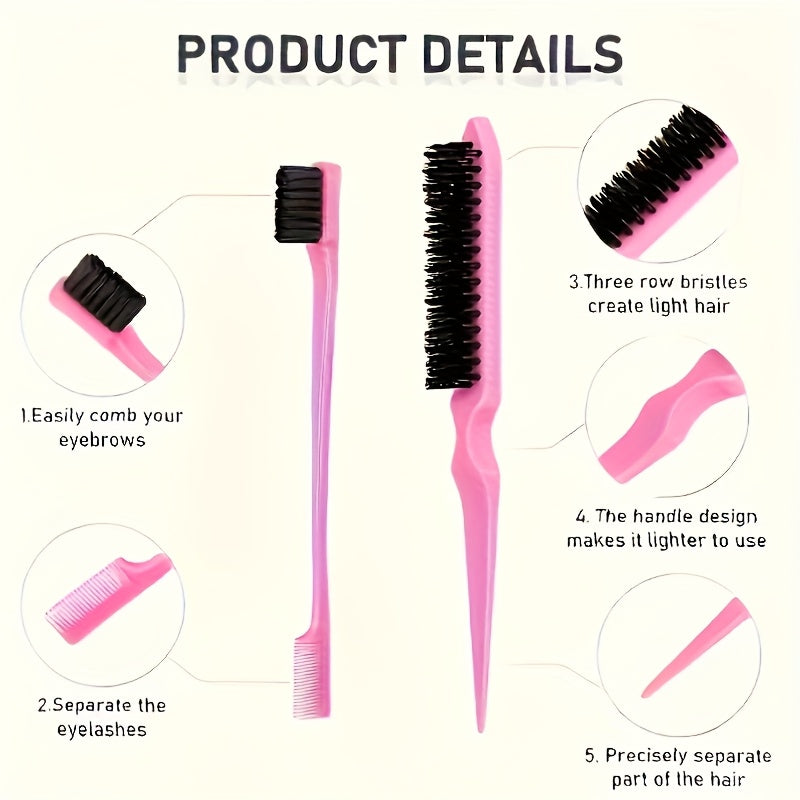 12pcs Hair Brush Set, Nylon Teasing Hair Brushes 3 Row Salon Teasing Brush, Double Sided Hair Edge Brush Smooth Comb Grooming, Rat Tail Combs With Duckbill Clips For Women Girls