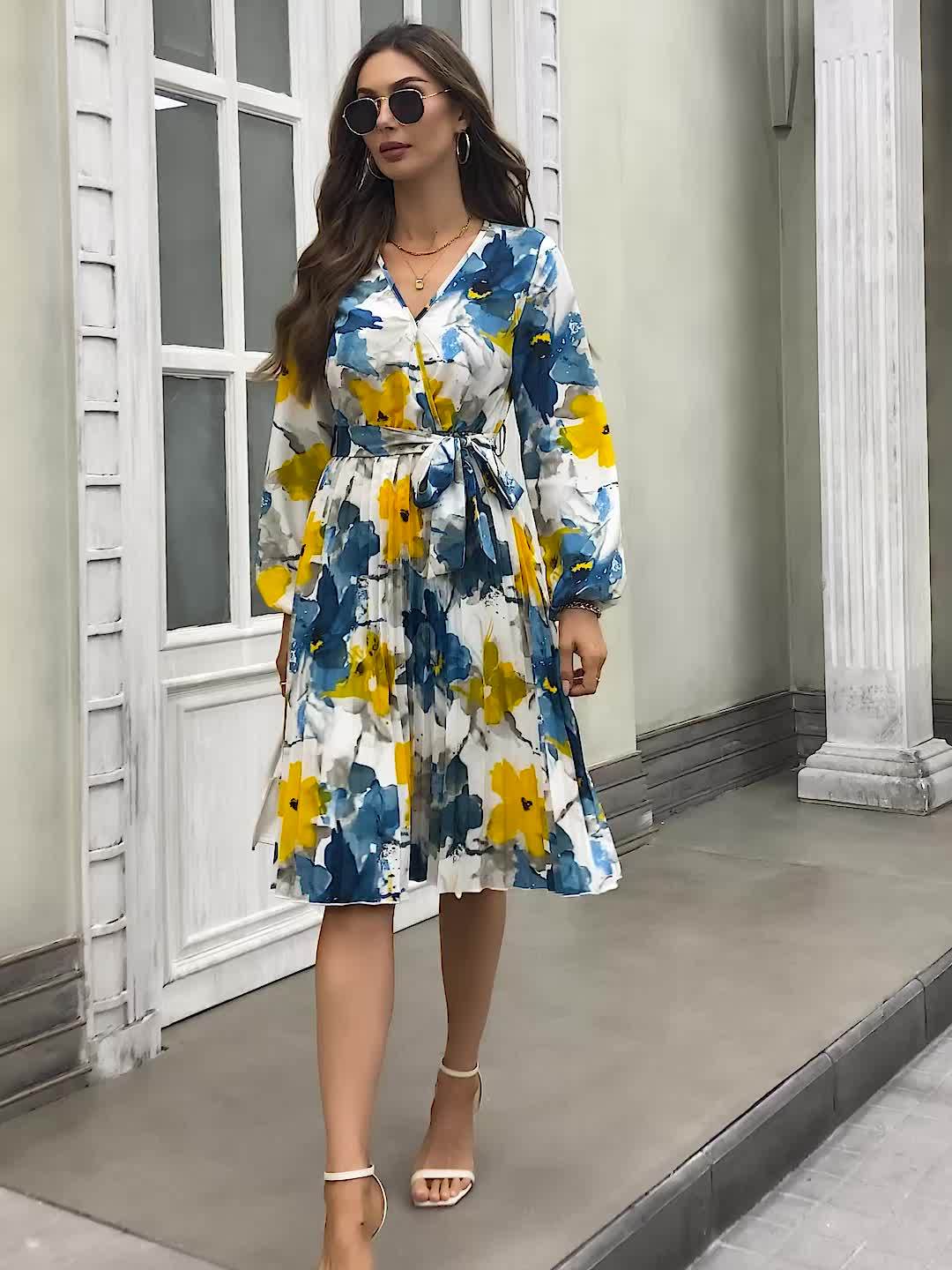 [Floral Print] Floral Midi Dress | 1pc | Polyester 100% | Regular Fit with Belt Detail, V-Neck, Lantern Sleeves, A-Line Flared Hem | Women's | All-Season