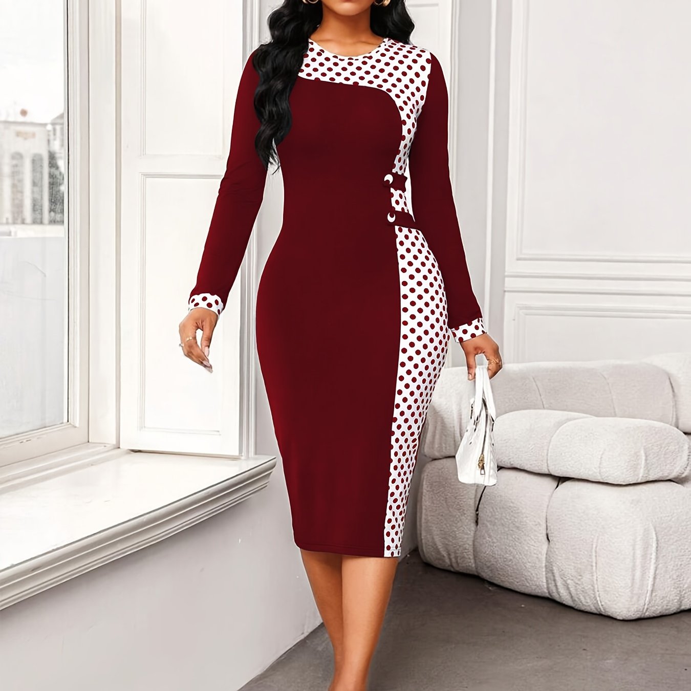 [Elegant Polka Dot Bodycon Dress] 1pc Elegant Polka Dot Bodycon Midi Dress - Crew Neck Long Sleeve Knit Polyester - Spring/Fall Collection
