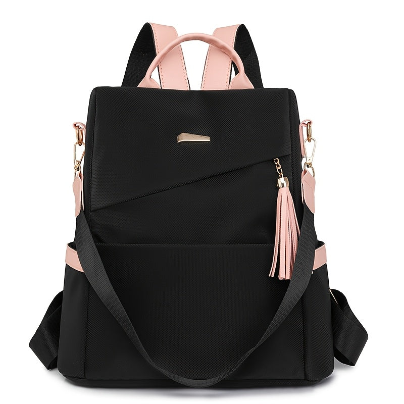 [Travel Ready] Elegant Women's Anti-Theft Lightweight Backpack - Chic White with Pink Accents, Large Capacity, Adjustable Straps, Tassel Detail, PU Material, Perfect for Travel & Daily Use