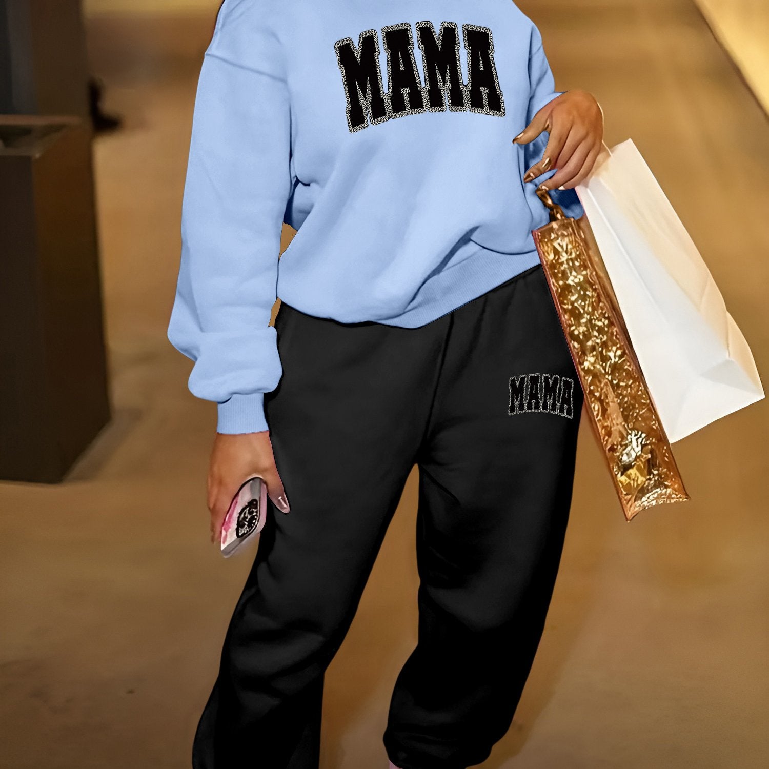 1set Women'S Casual Crew Neck Sweat Suit, Polyester Knit Fabric with Alphabet Pattern, Long-Sleeve Sweatshirt and Sweatpants Set for Fall/Winter